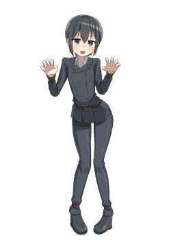 1girl absurdres akts625 androgynous aqua_eyes belt black_hair black_jacket black_pants black_shoes brown_belt collared_shirt commentary dress_shirt full_body highres jacket kino_(kino_no_tabi) kino_no_tabi long_sleeves looking_at_viewer open_mouth pants paw_pose shirt shoes short_hair sidelocks simple_background solo standing white_background white_shirt