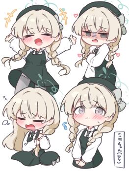 1girl aged_down alternate_breast_size_(smaller) blue_archive blush braid chibi chibi_only collared_shirt commentary_request diagonal-striped_clothes diagonal-striped_necktie dress flower_halo flying_sweatdrops green_dress green_halo green_hat grey_pantyhose halo hat highres karupa_(karupapon) long_hair low_twin_braids miyo_(blue_archive) miyo_(young)_(blue_archive) necktie open_mouth pantyhose pinafore_dress prototype_design shaded_face shirt simple_background sleeveless sleeveless_dress striped_clothes striped_necktie sweatdrop tears translated twin_braids white_background white_shirt zzz