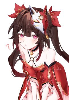 1girl :o ? bare_shoulders bell black_choker black_sash breasts brown_hair butterfly-shaped_pupils cafe_(cafue_cafe01) chest_tattoo choker circle_facial_mark cleavage commentary_request cowboy_shot criss-cross_halter detached_sleeves dress fox_mask hair_ribbon halterneck highres honkai:_star_rail honkai_(series) long_hair looking_at_viewer mark_under_both_eyes mask mask_on_head neck_bell o-ring o-ring_top obi red_dress red_eyes red_ribbon red_sleeves ribbon sash simple_background solo sparkle_(honkai:_star_rail) symbol-shaped_pupils tattoo twintails white_background