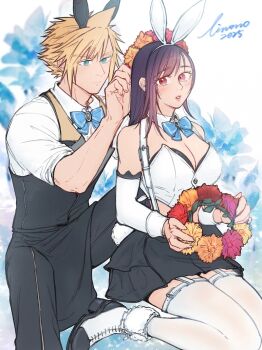 1boy 1girl 2025 animal_ears ankle_boots apron bare_shoulders black_apron black_hair black_pants black_skirt black_vest blonde_hair blue_bow blue_bowtie blue_eyes boots bow bowtie breasts cleavage cloud_strife commentary_request cosplay crop_top detached_collar detached_sleeves final_fantasy final_fantasy_vii final_fantasy_vii:_ever_crisis flower garter_straps head_wreath holding holding_flower large_breasts linono long_hair looking_at_another looking_at_viewer miniskirt official_alternate_costume pants parted_lips pink_flower rabbit_ears rabbit_tail red_eyes red_flower shirt short_hair signature sitting skirt sleeves_rolled_up spiked_hair suspender_skirt suspenders tail thighhighs tifa_lockhart tifa_lockhart_(bunny_bustier) vest waist_apron wariza white_boots white_shirt white_sleeves white_thighhighs yellow_flower zack_fair zack_fair_(bunny_butler) zack_fair_(cosplay)
