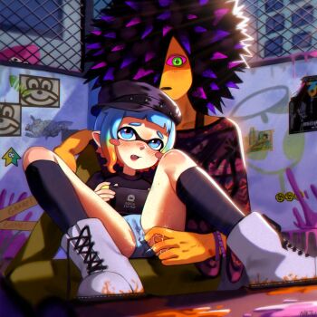 1boy 1girl 1other absurdres age_difference artist_name black_hair black_headwear blue_eyes blue_hair blush blush_stickers boots bracelet colored_sclera colored_skin fang fingering game_console gradient_hair graffiti green_eyes hair_over_one_eye hat highres huge_filesize ink inkling inkling_girl inkling_player_character jewelry loli multicolored_hair najucaju_naju nintendo no_pants open_mouth orange_hair orange_skin outdoors panties pink_sclera playing_games pointy_ears poncho poster_(object) public_indecency purple_hair pussy_juice short_hair sitting sitting_on_lap sitting_on_person socks spiked_hair splatoon_(series) spread_legs spyke_(splatoon) squid stained_panties tentacle_hair two-tone_hair underwear watching white_footwear