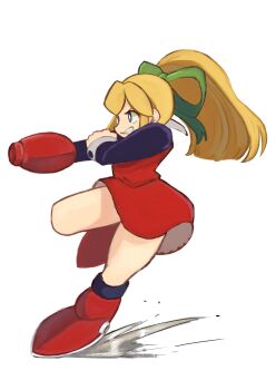 1girl arm_cannon arm_up blonde_hair blue_eyes boots bow clenched_teeth dress full_body green_bow hair_between_eyes hair_bow high_ponytail highres long_hair long_sleeves looking_ahead mega_man_(classic) mega_man_(series) midair ponytail red_boots red_dress roll_(mega_man) simple_background sliding solo teeth thighs tikuwabu_33 weapon white_background wind wind_lift