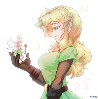 Rule 34 | 2girls, absurdres, antennae, artist name, belt, black gloves, blonde hair, blue eyes, breasts, closed mouth, cowboy shot, dress, fairy, fairy wings, from side, genderswap, genderswap (mtf), gloves, green dress, hand up, highres, holding, holding staff, ian samson, large breasts, light smile, link, long hair, looking at another, looking at viewer, medium hair, multiple girls, nintendo, pink hair, pointy ears, simple background, staff, the legend of zelda, white background, wings