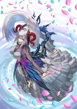 1girl absurdres blue_petals bodystocking breasts cleavage colored_inner_hair commentary dress english_commentary fire_emblem fire_emblem_heroes floating_hair freyja_(fire_emblem) from_above full_body goat_horns hair_between_eyes highres horns kozaki_yuusuke_(style) large_breasts long_sleeves looking_at_viewer looking_up multicolored_hair nintendo official_style peacefulandflat petals pink_petals red_eyes second-party_source smile solo