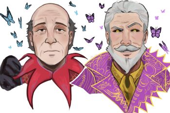 Rule 34 | 2boys, balding, beard, black jacket, black sclera, blue butterfly, brown eyes, bug, butterfly, collar, collared jacket, colored sclera, commentary, dress shirt, english commentary, expressionless, facial hair, gold embroidery, grin, hair slicked back, haskill, highres, insect, jacket, light smile, male focus, mature male, multiple boys, mustache, ornate clothes, peony-plum, portrait, purple butterfly, purple jacket, raised eyebrow, red collar, sheogorath, shirt, side-by-side, slit pupils, smile, the elder scrolls, the elder scrolls iv: oblivion, white background, yellow eyes, yellow shirt