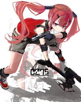 1girl axe cz75_(girls'_frontline) faye_(girls'_frontline_2) girls'_frontline gun hizakozouzu red_eyes red_hair squatting tagme weapon