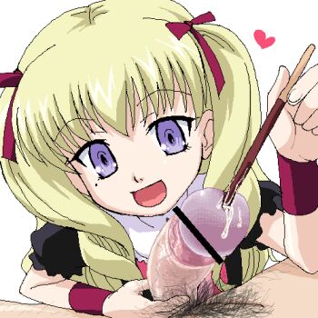 00s 1boy 1girl blonde_hair blue_eyes censored corona_(knm) cum elf_k eyebrows femdom food hair_ribbon handjob happy_sex heart hetero lola lola_(venus_versus_virus) loli long_hair looking_at_viewer lowres male_pubic_hair mole mole_under_eye object_insertion oekaki open_mouth penis pocky pointless_censoring pov pubic_hair purple_eyes purple_glans ribbon simple_background solo_focus sounding twintails urethral_insertion venus_versus_virus white_background wristband