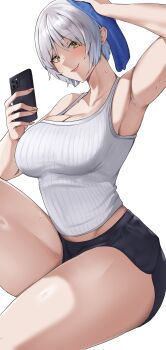 1girl absurdres armpits bare_arms bare_shoulders black_shorts breasts cellphone clip_studio_paint_(medium) commentary english_commentary fingernails hair_between_eyes hand_to_head highres holding holding_phone holding_towel knee_up large_breasts looking_at_viewer mchiefy original phone ribbed_tank_top short_shorts shorts simple_background sitting smartphone smile solo sweat tank_top thick_thighs thighs tomboy toned toned_female towel white_background white_hair white_tank_top wiping_sweat yellow_eyes