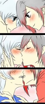 2girls 3koma blue_eyes blush brown_hair comic couple eye_contact closed_eyes female_focus bad_tag grey_eyes highres kiss long_hair looking_at_another multiple_girls neck open_mouth ruby_rose rwby short_hair silver_hair smile upper_body weiss_schnee yuri