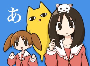 Rule 34 | 2girls, :3, azumanga daioh's school uniform, azumanga daiou, blue background, blush, brown eyes, brown hair, cat, commentary request, highres, kasuga ayumu, long hair, mihama chiyo, mihama chiyo's father, multiple girls, nerutti, orange hair, pink shirt, sailor collar, school uniform, shadow, shirt, short twintails, twintails, white sailor collar