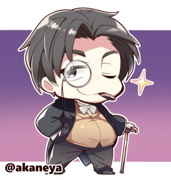Rule 34 | 1boy, ;), akaneya, black hair, black jacket, black pants, black shoes, bow, bowtie, brown eyes, brown shirt, cane, character request, chibi, chibi only, closed mouth, commentary request, commission, copyright request, fat, fat man, full body, gradient background, holding, holding cane, jacket, letterboxed, long sleeves, looking at viewer, lowres, male focus, monocle, one eye closed, open clothes, open jacket, outline, outside border, pants, pink background, purple background, shirt, shoes, short hair, skeb commission, smile, solo, sparkle, standing, twitter username, white bow, white bowtie, white outline