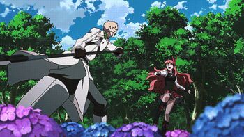 10s 1boy 1girl akame_ga_kill! animated animated_gif blood chelsea_(akame_ga_kill!) flower guro hydrangea lowres polearm severed_arm severed_limb spear spoilers weapon