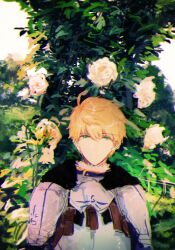 Rule 34 | 1boy, armor, arthur pendragon (fate), blonde hair, breastplate, ebi (6 5), fate/grand order, fate (series), flower, fur trim, green eyes, highres, looking at viewer, male focus, outdoors, parted lips, plant, short hair, solo, upper body, white flower
