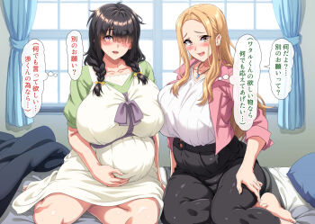 2girls barefoot bed bed_sheet black_hair black_pants blonde_hair blush braid breasts brown_eyes collar collarbone curtains dress gem hair_over_one_eye hand_on_own_stomach hokkyoku_hotaru huge_breasts indoors jacket jewelry long_hair looking_at_viewer multiple_girls on_bed open_mouth original pants pillow pink_jacket pregnant shirt sitting translation_request twin_braids white_dress white_shirt window yellow_eyes