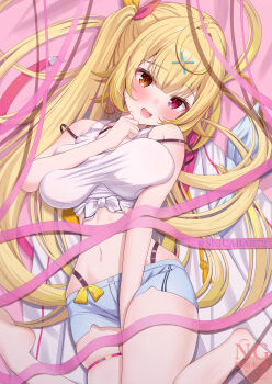 1girl bare_shoulders between_legs black_bra black_panties blonde_hair blue_shorts blush bow bra bra_strap breasts brown_eyes commentary_request hair_ornament hand_between_legs heterochromia highleg highleg_panties highres hoshikawa_sara hoshikawa_sara_(1st_costume) large_breasts long_hair navel nijisanji open_mouth panties pink_bow red_eyes shirt shorts side_ponytail smile solo suicabar72 thigh_strap tied_shirt twitter_username underwear very_long_hair virtual_youtuber white_shirt x_hair_ornament