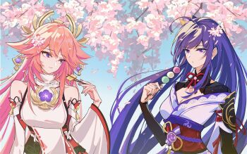 Rule 34 | 2girls, ahoge, animal ear piercing, animal ears, armor, armpit crease, bare shoulders, benghuaidesusan, blue sky, blunt bangs, breasts, bridal gauntlets, cherry blossoms, chinese commentary, chopsticks, cleavage, closed mouth, clothing cutout, commentary request, couple, dango, detached sleeves, eating, food, fox ears, fox girl, genshin impact, hair between eyes, hair ornament, head tilt, headpiece, highres, holding, holding food, japanese clothes, jewelry, kimono, long sleeves, looking at another, looking to the side, medium breasts, mitsudomoe (shape), mole, mole under eye, multiple girls, neck ribbon, off shoulder, outdoors, pendant, pink hair, portrait, purple eyes, purple hair, purple kimono, raiden shogun, red ribbon, red sash, ribbon, sash, shoulder armor, shoulder cutout, sky, sleeveless, standing, tomoe (symbol), tree, upper body, wagashi, wide sleeves, yae miko, yuri