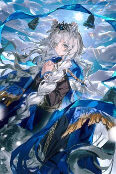 1girl absurdres animal_ear_fluff animal_ears arknights bell black_dress blue_cloak blue_shawl blue_sky braid bright_pupils chinese_commentary cloak closed_mouth cloud commentary_request cowboy_shot dress grey_eyes grey_hair hands_up highres interlocked_fingers leopard_ears long_hair long_sleeves looking_at_viewer own_hands_together pramanix_(arknights) pramanix_the_prerita_(arknights) shawl shenhai_yiqian sky snow_leopard_ears snow_leopard_girl solo standing tiara twin_braids very_long_hair