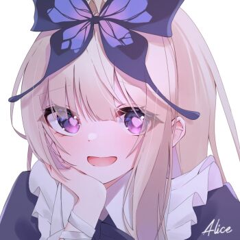 1girl alice_(grimlight) artist_name bandaged_arm bandages blonde_hair blush bow bowtie butterfly_hair_ornament collared_dress commentary dress english_commentary eyelashes eyes_visible_through_hair frills grimlight hair_ornament hand_on_own_face hand_up heart heart-shaped_pupils highres long_hair looking_at_viewer muichan_px open_mouth pink_pupils puffy_short_sleeves puffy_sleeves purple_bow purple_bowtie purple_dress purple_eyes short_sleeves sidelocks simple_background smile solo symbol-shaped_pupils upper_body white_background