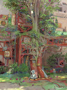 abandoned absurdres building cable cheef0ng commentary day english_commentary highres no_humans original outdoors overgrown robot science_fiction sitting tree