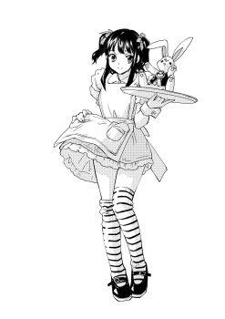 1girl alice&#039;s_adventures_in_wonderland alice_(alice_in_wonderland) alice_(alice_in_wonderland)_(cosplay) apron bow closed_mouth commentary cosplay dress frilled_dress frills full_body greyscale hair_bow halftone highres holding holding_tray long_hair looking_at_viewer mary_janes miyano_tomochika monochrome nishizawa_rika puffy_short_sleeves puffy_sleeves rika_(series) shoes short_sleeves sidelocks simple_background skirt_hold smile solo standing striped_clothes striped_thighhighs stuffed_animal stuffed_rabbit stuffed_toy thighhighs tray two_side_up waitress white_background white_rabbit_(alice_in_wonderland) wrist_cuffs