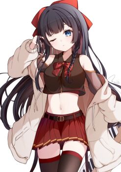 Rule 34 | 1girl, absurdres, arm at side, armpit crease, belt, belt buckle, black belt, black hair, black shirt, black thighhighs, blue eyes, bow, bowtie, buckle, cardigan, choppy bangs, closed mouth, collared shirt, commentary request, cowboy shot, crop top, cropped shirt, diagonal-striped bow, diagonal-striped bowtie, diagonal-striped clothes, expressionless, gyeou lee, hair bow, hand in own hair, highres, hood, hooded cardigan, korean commentary, long hair, long sleeves, looking at viewer, miniskirt, navel, off shoulder, one eye closed, open cardigan, open clothes, pleated skirt, red bow, red bowtie, red skirt, red sports bra, shirayuki hina, shirt, signature, simple background, skirt, sleeveless, sleeveless shirt, solo, sports bra, sports bra peek, standing, stellive, stomach, straight hair, striped bow, striped bowtie, striped clothes, thighhighs, underwear, virtual youtuber, white background, white cardigan, wing collar, zettai ryouiki