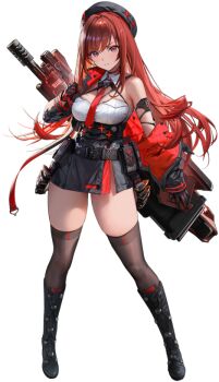 1girl belt beret black_boots black_gloves black_hat black_skirt black_thighhighs boots breasts closed_mouth full_body gloves goddess_of_victory:_nikke gun gun_on_back hat jacket large_breasts long_hair long_sleeves looking_at_viewer multiple_expressions necktie off_shoulder official_art rapi_(nikke) rapi_(red_hood)_(nikke) red_eyes red_hair red_jacket red_necktie salute side_slit simple_background skirt smile standing thighhighs transparent_background weapon weapon_on_back