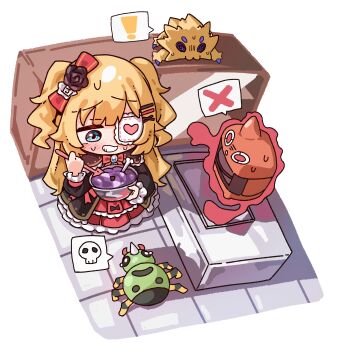 ! 1girl absurdres akai_haato akai_haato_(gothic_lolita) bad_food black_capelet black_dress black_flower black_rose blonde_hair blue_eyes bow bowl bug capelet chibi commentary cooking crossover dress eyepatch flower frilled_capelet frilled_dress frilled_skirt frills full_body gen_2_pokemon gen_4_pokemon gen_5_pokemon gothic_lolita hair_flower hair_ornament heart heart_eyepatch highres holding holding_bowl hololive indoors jadea5124 joltik layered_skirt lolita_fashion long_hair medical_eyepatch mixing_bowl nervous_sweating nintendo official_alternate_costume official_alternate_hairstyle pink_skirt pokemon pokemon_(creature) red_dress refrigerator rose rotom rotom_(frost) skirt smile spider spinarak spoken_exclamation_mark spoken_skull spoken_x sweat two_side_up untranslatable_commentary virtual_youtuber x_hair_ornament