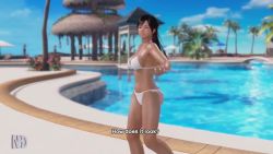 1girl 3d animated ass bikini black_eyes black_hair breasts cleavage dead_or_alive dead_or_alive_xtreme_3_fortune female_focus kokoro_(doa) looking_at_viewer video navel poolside sound swimsuit video white_bikini