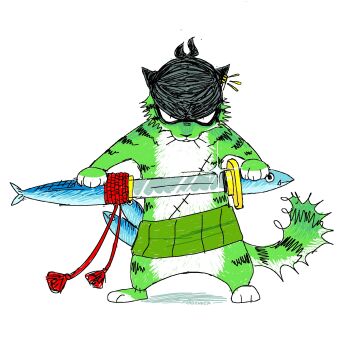 animal_focus animalization artist_name bandana black_bandana cat earrings fish fordowner full_body glint gold_earrings green_fur haramaki highres holding holding_sheath holding_sword holding_weapon jewelry legs_apart looking_at_viewer multiple_earrings no_humans one_piece roronoa_zoro scar scar_on_stomach shadow sheath simple_background snout solo standing stitches sword tail tassel unsheathing weapon whiskers white_background white_fur