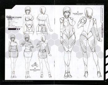 00s 1girl adjusting_clothes alternate_costume ass bob_cut bodysuit bra breasts butt_crack cleavage concept_art curvy english_text expressionless female_focus garter_belt garter_straps gluteal_fold gun highleg highleg_panties huge_ass japanese_text kagami_hirotaka kangoku_senkan kangoku_senkan_3 large_breasts lilith-soft monochrome multiple_views naomi_evans nipples official_art panties pencil_skirt reference_sheet scan short_hair simple_background skirt standing thighs thong translated underwear underwear_only weapon white_background