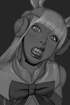 animal_ears blunt_bangs commentary_request dress ear_covers gold_ship_(red_strife)_(umamusume) gold_ship_(umamusume) highres horse_ears horse_girl korean_commentary lips long_hair monochrome paiksoo photo-referenced portrait realistic teeth umamusume