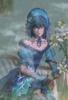 Rule 34 | 1girl, bare shoulders, black hair, bonnet, collarbone, crossed legs, facing viewer, fate/grand order, fate (series), flower, fucha, hair between eyes, juliet sleeves, kuonji alice, kuonji alice (third ascension), lily (flower), long sleeves, looking to the side, mahou tsukai no yoru, medium hair, puffy sleeves, sitting, solo, tagme, vase, white flower, white lily