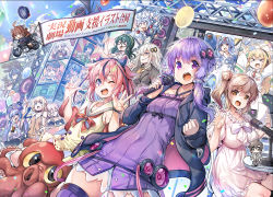 &gt;_&lt; 2boys 6+girls ahoge ajishio antenna_hair arm_up balloon banner bare_shoulders beads bespectacled black_hair black_headwear black_jacket black_shirt blonde_hair blue_eyes blue_hair blunt_bangs blush_stickers bracelet brown_hair burger capsule cevio character_request clenched_hand coat commentary_request concert confetti copyright_name criss-cross_halter crossover day double_w dress drill_hair eel_hat elbow_gloves finger_gun food galaco galaco_(neo) glasses gloves gradient_hair green_hair green_shirt grey_hair grin gynoid_talk hair_beads hair_ornament hair_tubes hairband halterneck hands_up haruno_sora hat headgear highres hip_gear hitodama holding holding_food holding_microphone hood hooded_jacket horns ia_(vocaloid) index_finger_raised jacket japanese_clothes jewelry kotonoha_akane kotonoha_aoi kyoumachi_seika large_hat meika_hime meika_mikoto microphone minase_kou mortarboard motor_vehicle motorcycle multicolored_hair multiple_boys multiple_girls necktie octopus one_(cevio) one_eye_closed open_mouth orange_neckwear orange_shirt otomachi_una outdoors parody pill pink_hair platinum_blonde_hair purple_dress purple_eyes purple_hair purple_legwear red_neckwear sailor_collar sarashi satou_sasara scaffolding scanlines screen shirt short_hair short_hair_with_long_locks sidelocks single_elbow_glove sitting skindentation sleeveless sleeveless_shirt smile spaghetti_strap speaker sunburst suzuki_tsudumi talkex thighhighs touhoku_itako touhoku_kiritan touhoku_zunko tsuina-chan tsukuyomi_ai tsurumaki_maki twin_drills twintails vocaloid voiceroid w white_coat white_hair white_shirt yuzuki_yukari