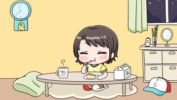 1girl :t asymmetrical_legwear baseball_cap blush_stickers brown_hair carpet chibi clock closed_eyes closed_mouth cup curtains eating facing_viewer fork hat highres holding holding_fork hololive indoors mismatched_legwear mochimiko mug no_shoes oozora_subaru oozora_subaru_(1st_costume) pastry_box pillow red_thighhighs seiza shirt short_hair shorts sitting solo striped_clothes striped_shirt table thighhighs unworn_hat unworn_headwear vertical-striped_clothes vertical-striped_shirt virtual_youtuber wall_clock wavy_mouth white_shorts white_thighhighs window