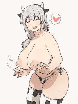 1girl animal_ear_hairband animal_ears animal_print bell bikini bikini_bottom_only black_collar breasts collar commentary_request cow_ear_hairband cow_ears cow_horns cow_print cow_print_bikini cow_print_thighhighs cowbell cowboy_shot curvy elel185 fake_animal_ears fake_horns grey_hair hair_over_shoulder hairband heart highres horns huge_breasts long_hair low-tied_long_hair nipples print_bikini print_thighhighs side-tie_bikini_bottom solo spoken_heart sweat swimsuit thick_arms thick_thighs thighhighs thighs topless_female uzaki-chan_wa_asobitai! uzaki_tsuki