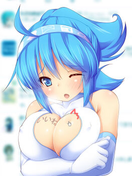 1girl ahoge blue_eyes blue_hair blush breasts chestnut_mouth cleavage covered_erect_nipples cursor female_focus gloves hairband highres large_breasts long_hair looking_at_viewer matching_hair/eyes computer_mouse mouse_cursor one_eye_closed open_mouth original ponytail sleeveless solo text_focus upper_body white_gloves yuzuki_kei