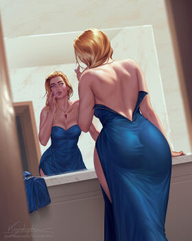 1girl back back_zipper bare_shoulders blonde_blazer blonde_hair blue_dress blue_gloves blue_mask blue_nails breasts cleavage commentary dispatch dress english_commentary eye_mask finger_to_mouth gloves hair_over_shoulder highres jewelry krystopher_decker looking_at_mirror looking_at_reflection mask mirror necklace paid_reward_available parted_lips pendant public_restroom realistic reflection side_slit solo strapless strapless_dress unworn_gloves unworn_mask