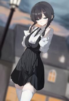 1girl absurdres black_dress black_hair black_necktie blue_eyes blurry blurry_background building collared_shirt commentary_request d_(delt4) dress frilled_sleeves frills highres holding holding_own_hair lamppost long_sleeves looking_at_viewer medium_hair necktie original parted_lips shirt short_twintails solo standing swept_bangs thighhighs twintails white_shirt white_thighhighs zettai_ryouiki