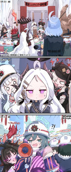 Rule 34 | 6+girls, absurdres, ahoge, ako (blue archive), anger vein, armband, belt, black belt, black coat, black hair, black halo, black horns, black ribbon, black shorts, blonde hair, blue archive, blue armband, blue coat, blue hair, blue halo, bound, breasts, brown gloves, brown hair, charm (object), cherino (blue archive), clipboard, closed eyes, coat, crying, demon horns, fake facial hair, fake mustache, feathered coat, fire, flamethrower, fleeing, gloves, green eyes, green hair, grey hair, gun, hair ornament, halo, hard hat, hat, helmet, highres, hina (blue archive), holding, holding clipboard, holding flamethrower, holding megaphone, holding weapon, horns, kasumi (blue archive), lab coat, labor party member (blue archive), long hair, makoto (blue archive), megaphone, megu (blue archive), minori (blue archive), multicolored halo, multicolored horns, multiple girls, nekoya (liu), pink halo, pointing, ponytail, powering up, purple eyes, purple shirt, red halo, red horns, red shirt, red winter federal academy logo, ribbon, shirt, short hair, shorts, shouting, sideboob, statue, sweatdrop, tied up (nonsexual), towel, towel around neck, translated, twintails, two-tone halo, two-tone horns, weapon, whale ornament, white coat, white gloves, white hair, white hat, white shirt, wings, yellow halo