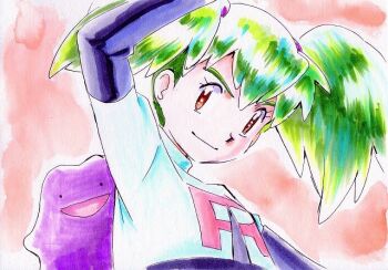 1girl brown_eyes closed_mouth ditto duplica_(pokemon) elbow_gloves gen_1_pokemon gloves green_hair iwane_masaaki long_hair looking_at_viewer nintendo pokemon pokemon_(anime) pokemon_(classic_anime) pokemon_(creature) smile team_rocket team_rocket_uniform twintails