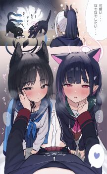 ... 2koma 3girls animal_ears animalization black_choker black_eyes black_hair black_jacket blue_archive blue_sailor_collar blush cat cat_ears cat_girl cat_tail choker colored_inner_animal_ears colored_inner_hair comic commentary doodle_sensei_(blue_archive) extra_ears female_pov hair_ornament hairclip halo hand_on_another's_cheek hand_on_another's_chin hand_on_another's_face haori heart highres hood jacket japanese_clothes japanese_text jfjf kayoko_(blue_archive) kazusa_(blue_archive) kikyou_(blue_archive) long_sleeves looking_at_viewer multicolored_hair multiple_girls multiple_tails neckerchief pantyhose pink_hair pov red_eyes sailor_collar school_uniform sensei_(blue_archive) serafuku short_hair speech_bubble spoken_ellipsis spoken_heart stroking_another's_chin tail thought_bubble trembling twitter two-tone_hair two_tails white_serafuku yuri