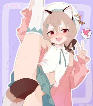 1girl :d absurdres animal_ear_fluff artist_name beret black_ribbon blush brown_hair chenki_(chenki) commentary covering_crotch covering_privates english_commentary fang green_ribbon green_skirt hair_between_eyes hair_ornament hair_ribbon hairclip hand_on_own_leg hat heart highres jacket komachi_panko leg_up long_hair long_sleeves navel neck_ribbon no_panties nose_blush open_clothes open_jacket open_mouth outline paid_reward_available phase_connect pink_jacket pleated_skirt purple_background red_eyes red_panda_ears red_panda_girl red_panda_tail ribbon shirt simple_background skirt sleeveless sleeveless_shirt smile solo split spoken_heart standing standing_on_one_leg standing_split suspender_skirt suspenders tail_censor thick_eyebrows thighhighs trembling twitter_username v virtual_youtuber white_outline white_thighhighs
