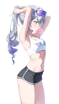 1girl absurdres adjusting_hair alternate_costume armpits arms_up black_shorts blowing_bubble_gum breasts chewing_gum dawon dolphin_shorts drill_hair drill_ponytail eyewear_on_head from_side gradient-tinted_eyewear grey_hair highres honkai:_star_rail honkai_(series) looking_ahead medium_breasts navel purple-tinted_eyewear shorts silver_wolf_(honkai:_star_rail) simple_background solo stomach tank_top tinted_eyewear white_background white_tank_top
