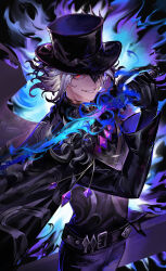 Rule 34 | 1boy, absurdres, belt, black fire, black gloves, blue fire, cracked skin, cross-shaped pupils, edmond dantes (fate), fate/grand order, fate (series), fire, flaming sword, flaming weapon, gloves, glowing, gradient hair, grey hair, half mask, hat, highres, holding, looking at viewer, lsuiany, male focus, mask, multicolored hair, purple fire, purple hair, red eyes, smile, solo, sword, symbol-shaped pupils, the count of monte cristo (fate), weapon