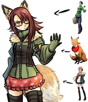 Rule 34 | 1girl, absurdres, animal ears, black thighhighs, chimerism, closed mouth, commentary, english commentary, fox ears, fox girl, fox tail, fur-trimmed jacket, fur trim, fusion, gimmie20dollas, glasses, gloves, green jacket, heart, heart print, highres, jacket, kitsune (persona 4), long hair, narukami yu, original, persona, persona 3, persona 4, persona 5, red hair, red skirt, reference inset, sakura futaba, scar, scar across eye, scar on face, shirato jin, skirt, tail, thighhighs