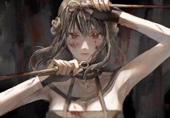 13_ttyuna 1girl black_dress black_gloves black_hair blood blood_on_clothes blood_on_face bloody_weapon breasts cleavage closed_mouth dress dual_wielding fingerless_gloves gloves highres holding large_breasts long_hair looking_at_viewer red_eyes solo spy_x_family weapon yor_briar