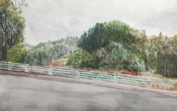 grass harusa1107 highres highway hill no_humans original outdoors painting_(medium) road scenery sky traditional_media tree watercolor_(medium) white_sky