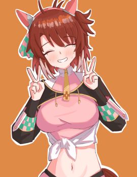 1girl absurdres ahoge animal_ears black_shrug blush bow breasts brown_eyes brown_hair checkered_ribbon dantsu_flame_(center_spotlight)_(umamusume) dantsu_flame_(umamusume) ear_covers ear_ornament ear_ribbon hair_between_eyes hairband haniiders highres horse_ears horse_girl horse_tail large_breasts leggings_under_shorts looking_at_viewer midriff navel open_mouth pink_hairband pink_shorts shirt shorts shrug_(clothing) simple_background smile solo tail tied_shirt umamusume umamusume:_beginning_of_a_new_era white_hair