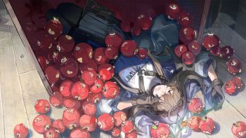 1girl :d absurdres apple arknights chinese_commentary closed_eyes commentary_request exusiai_(apple)_(arknights) exusiai_(arknights) food fruit gloves hat highres jacket kasane_teto looking_at_another looking_down open_clothes open_mouth pallas_(arknights) pearto skirt sleeping smile standing variant_set yise_boli