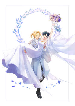 1boy 1girl arm_up black_hair black_shoes blonde_hair blue_eyes bouquet breasts carrying cleavage dress feesh flower hetero highres hirose_natsuko long_hair luke_braveheart ponytail princess_carry shoes small_breasts veil wedding_dress white_dress zenshuu